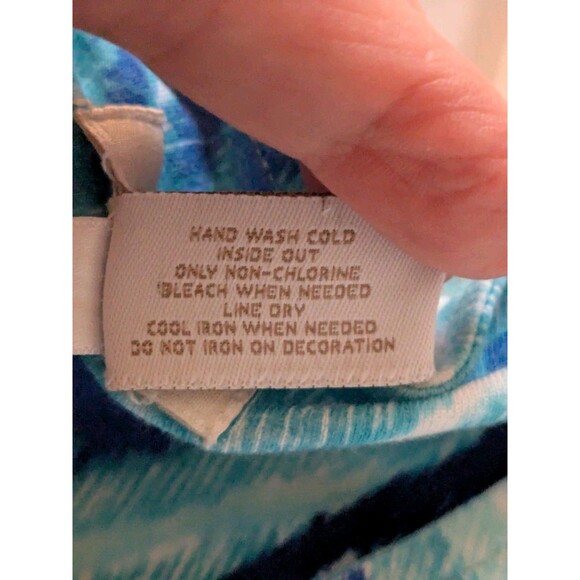 Chicos Top Womens sz L/2 Blue Aqua Zigzag Stripe Blouse 3/4 Sleeve Stretch Beach - Picture 8 of 10
